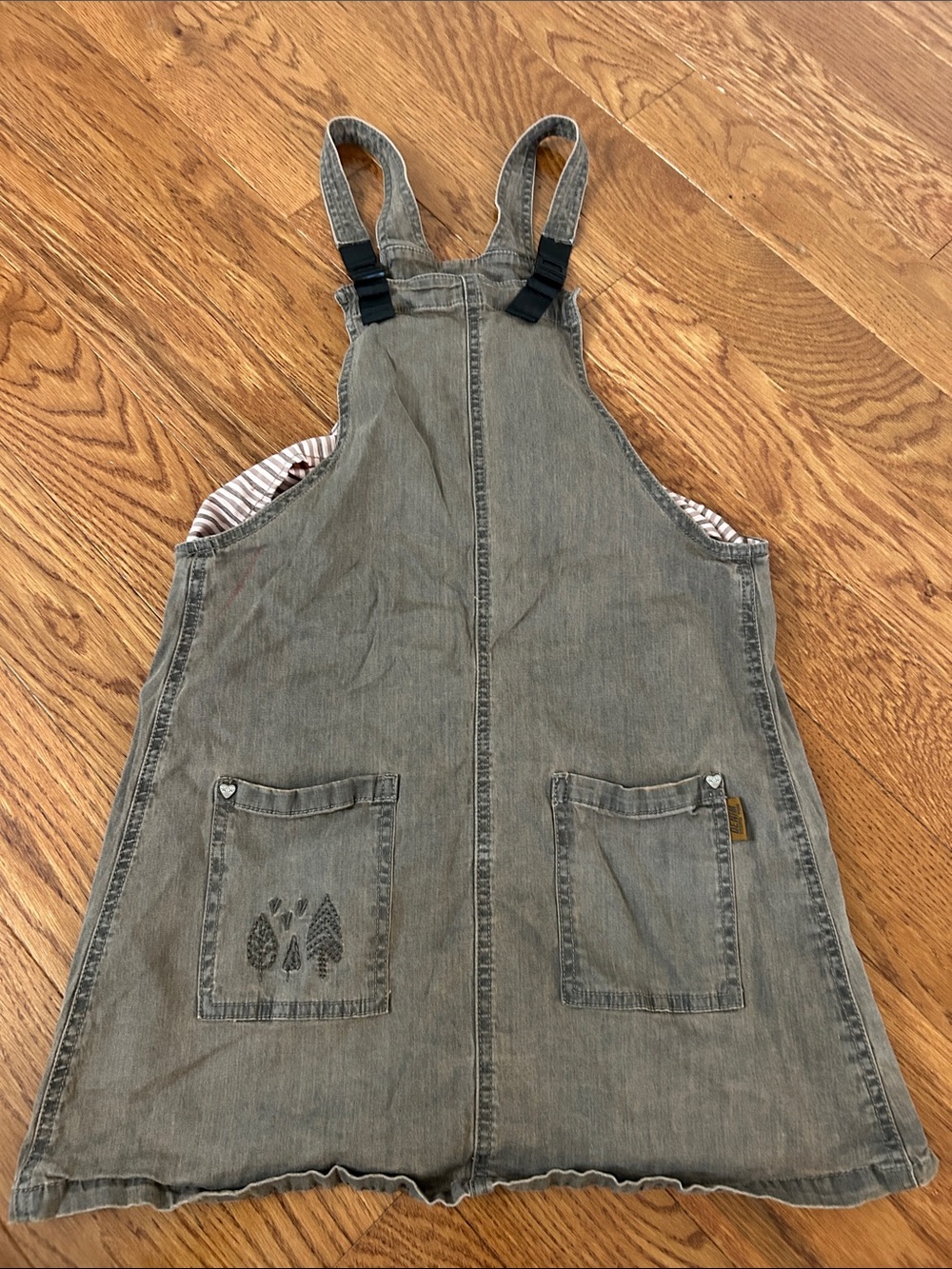 Girls' Gray Washed Denim Pinafore Dress with Pocket Embroidery
